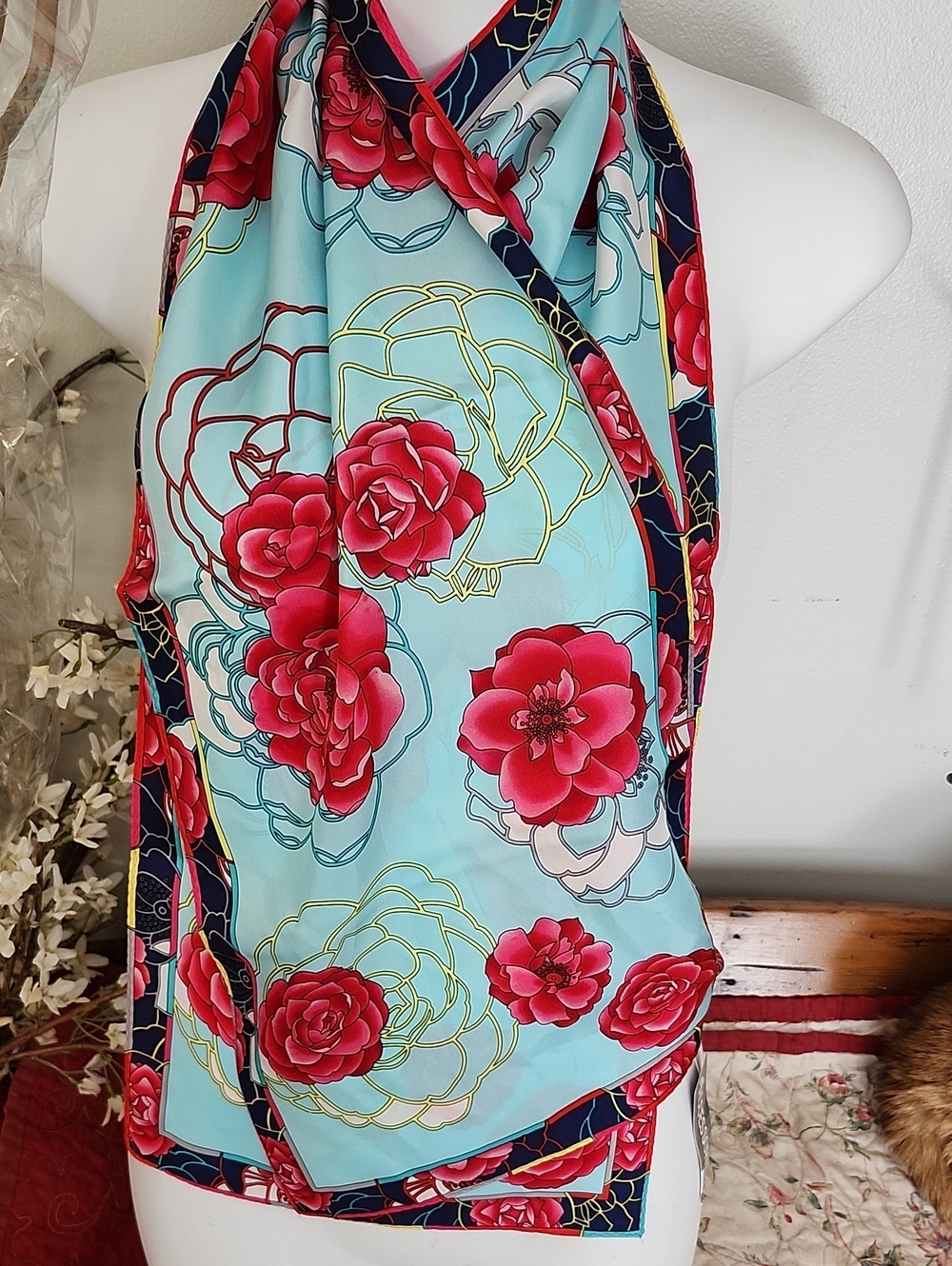 NWT Accessory St. Floral Silk Scarf - Bright Red & Aqua 10.5 X 52 Inches